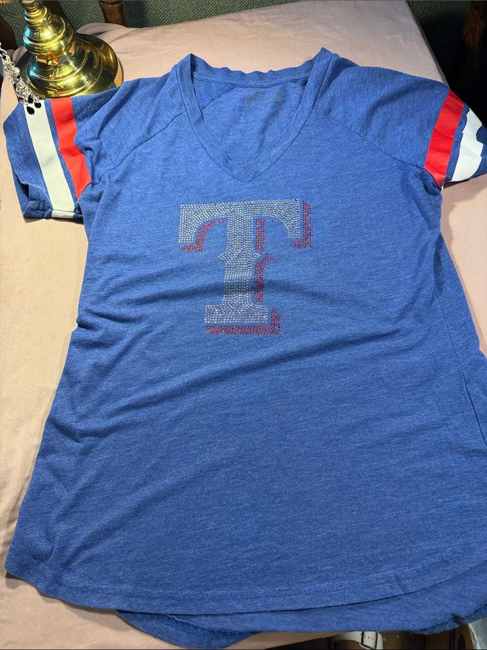 Blue V-Neck Short-Sleeve Tee with Rhinestone 'T' and Red & White Sleeve Stripes